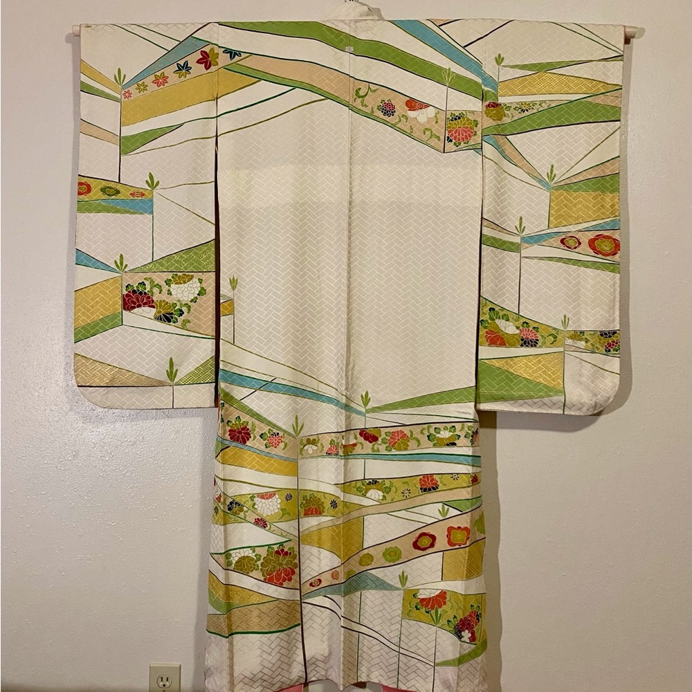 Vintage Japanese Silk Furisode Kimono with Ume and Abstract Pattern